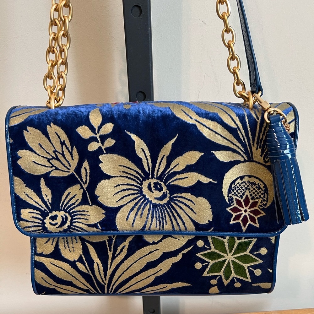 Tory Burch Blue Velvet Floral and Gold Women's Bag
